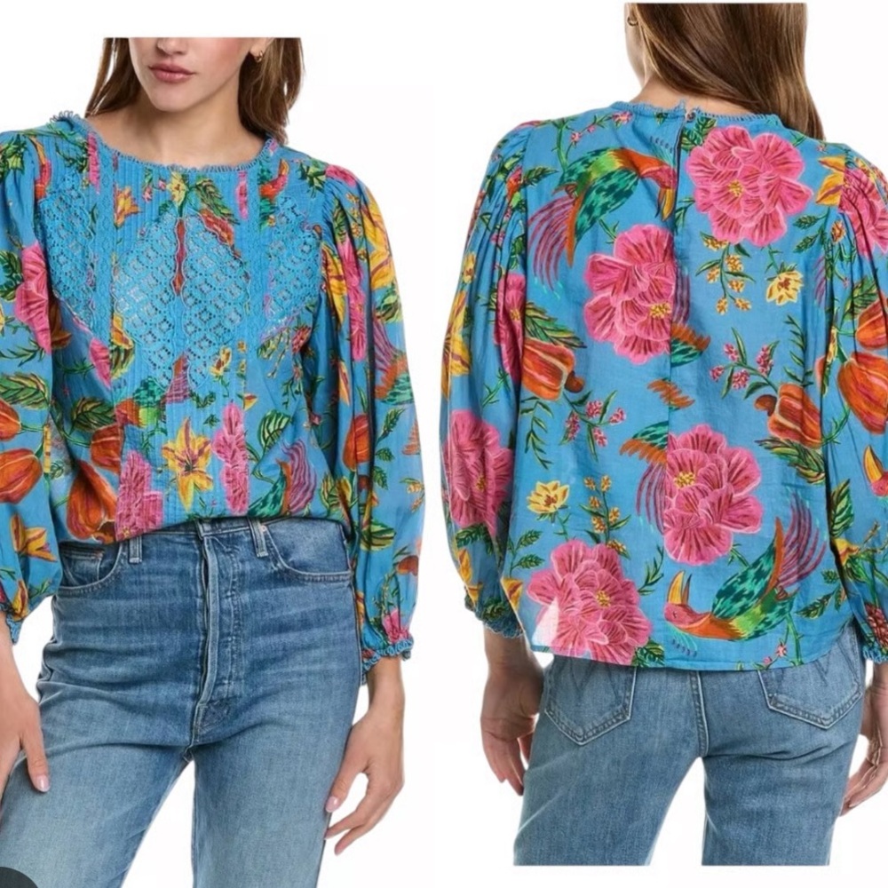 FARM Rio Blue Floral Lace Peasant Blouse with Pink & Yellow Accents